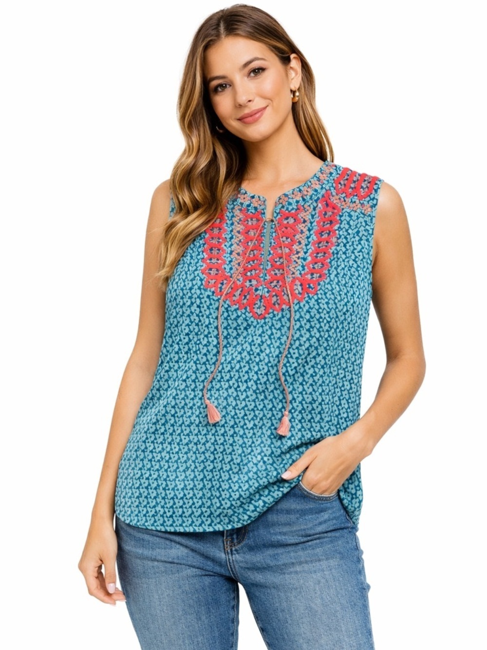 J Crew Embroidered Tassel Tie Top